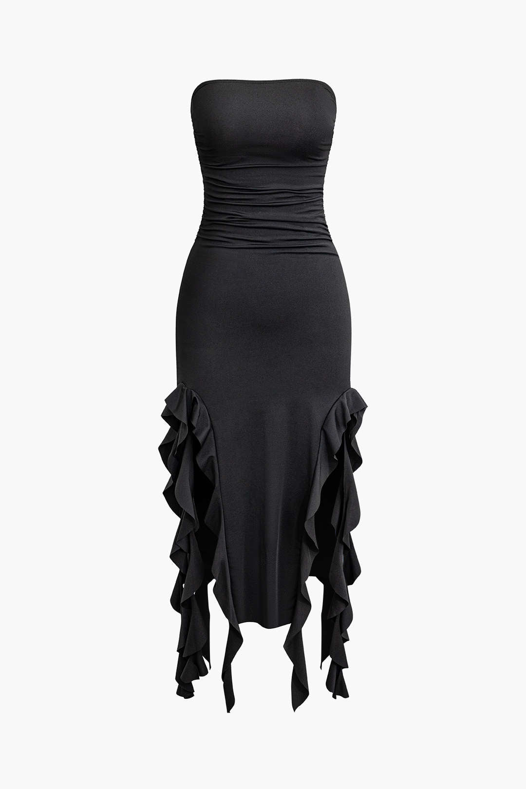 solid ruched tube dress Solid Ruched Side Wrap Split Hem Tube Long Dress