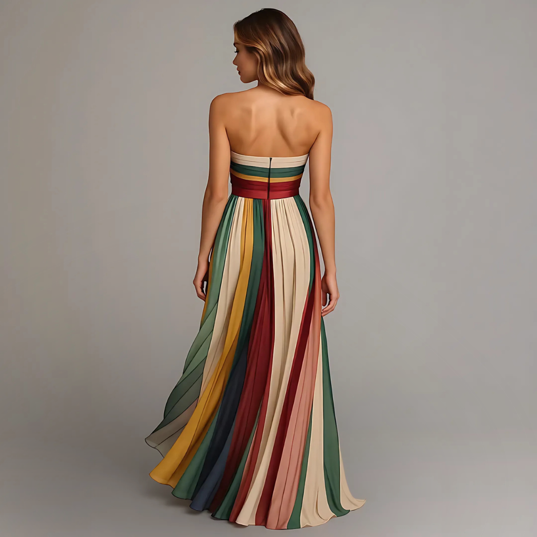 Women's Strapless Multicolor Pleated Dress | Maxi