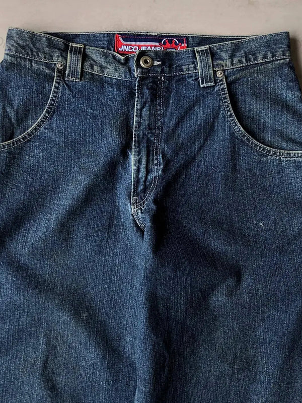 Jean boyfriend bleu style hip-hop rétro américain