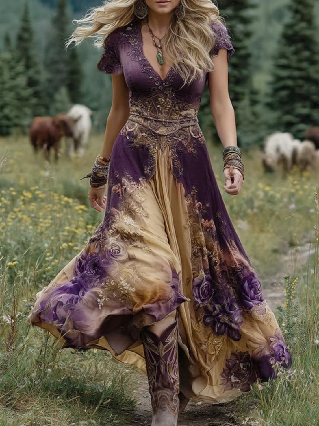 Women's Bohemian V-Neck Floral Maxi Dress | Short Sleeve