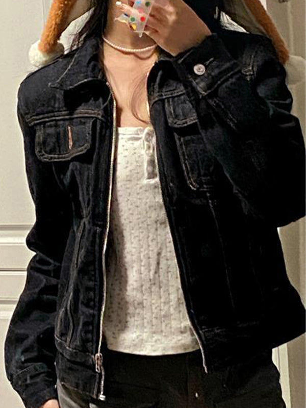 Veste courte zippée en denim noir vintage à col à revers