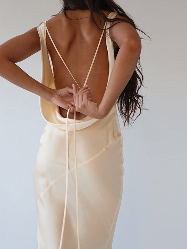 Champagne Sexy Satin Backless Tie Up Maxi Dress Razys.com Champagne Sexy Satin Backless Tie Up Maxi Dress Razys.com