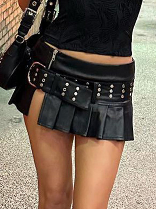 Punk Rivet Belted Pleated Slit Leather Mini Skirt