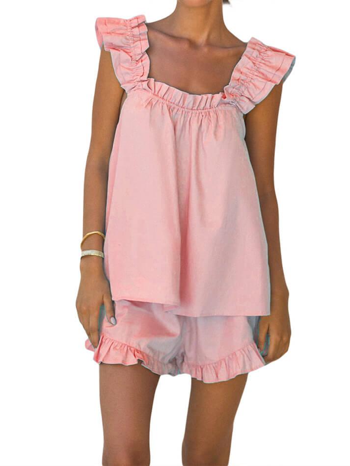 Solid Color Vintage Pure Cotton Ruffle Shorts Set