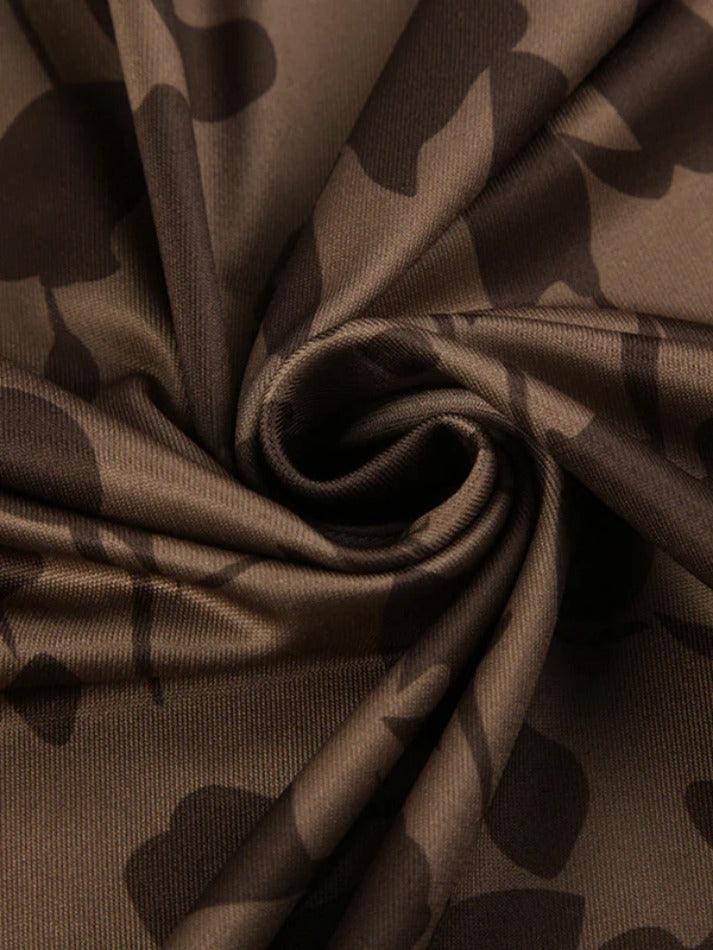 Bruine klassieke print trompetmouw maxi-jurk