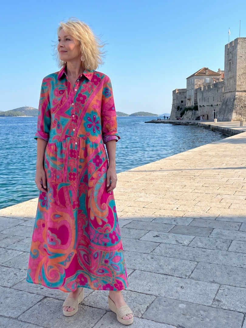 Women's Colorful Floral Print Collared Midi Dress | with Pockets