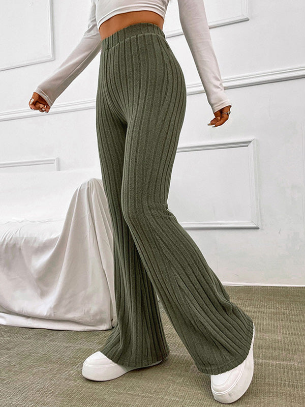 Solid Color Ribbed High Waist Flare Leg Pants