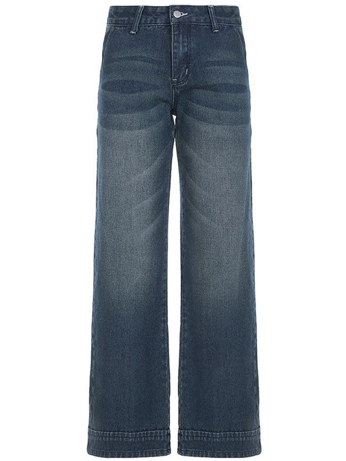 Jean droit bleu vintage taille basse délavé dégradé