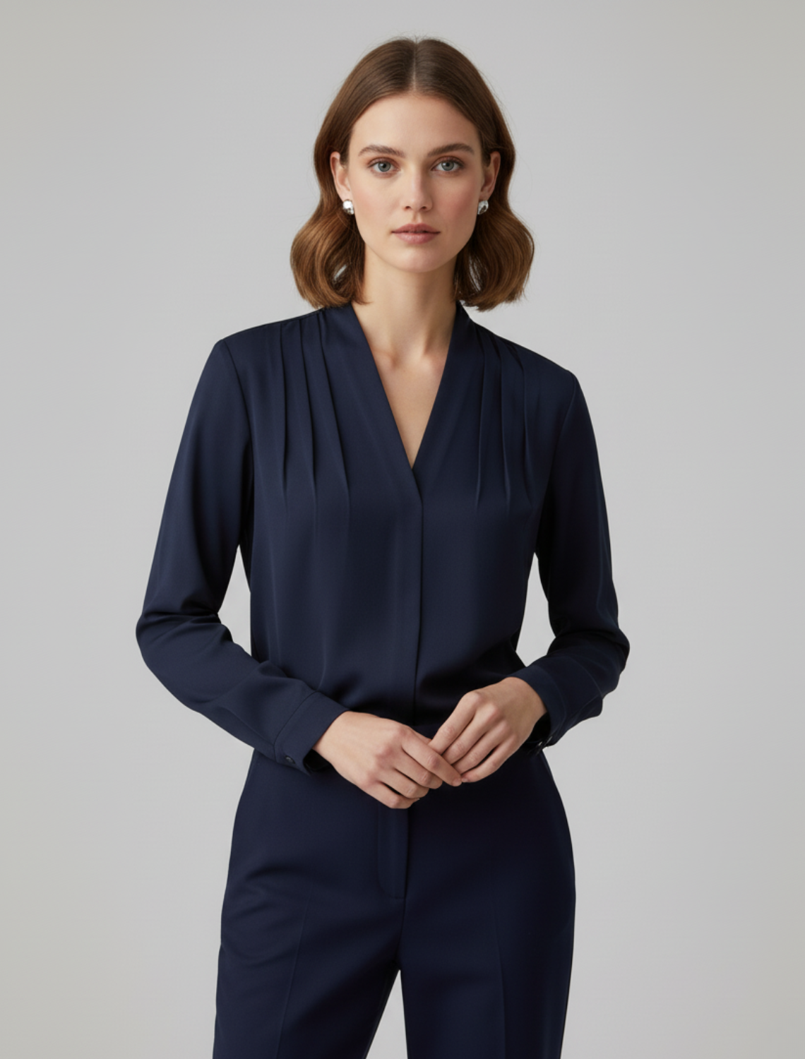 Women's Pleated V-Neck Blouse | Long Sleeve