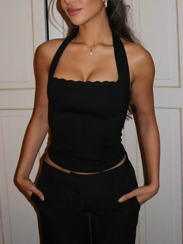 Gilet licou en dentelle coupe slim Y2K couleur unie