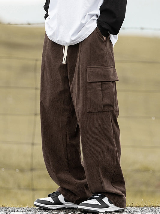 Brown Vintage Men's Corduroy Flap Pocket Lace Up Cargo Pants