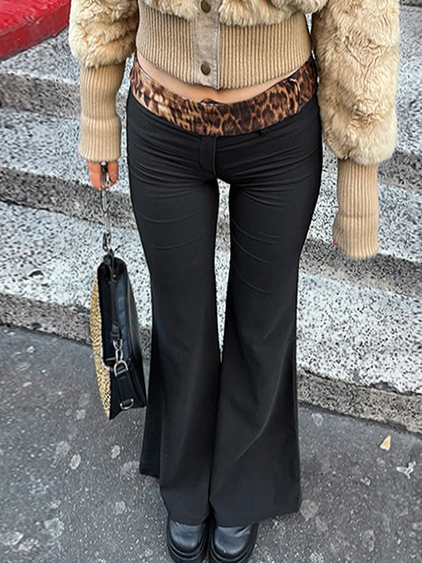 Leopard Splice Elastic Waist Flare Leg Pants