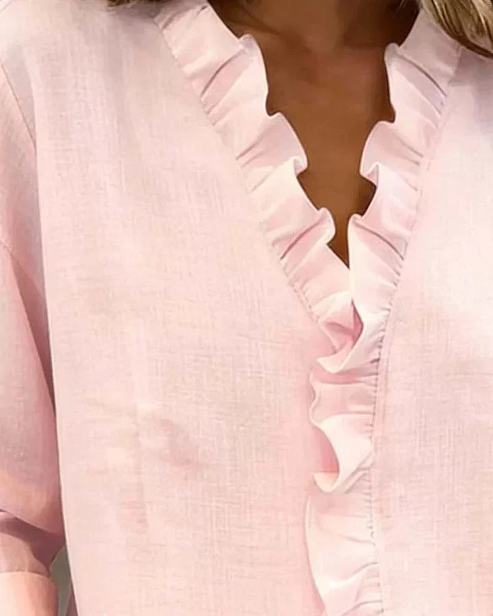 Women's Ruffle V-Neck Casual Summer Blouse | Long Sleeve
