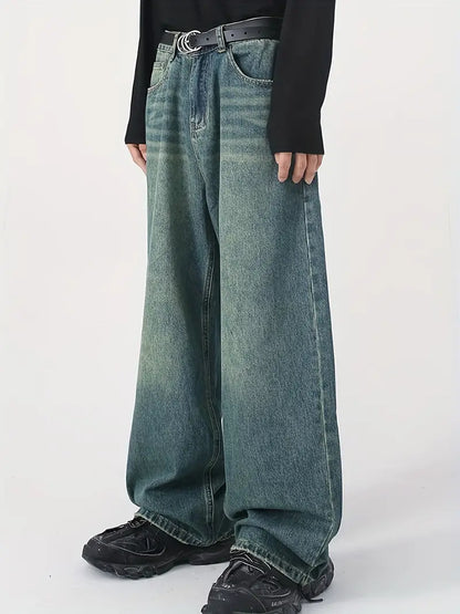 Men's Vintage Distressed Baggy Jeans with Faded Effect