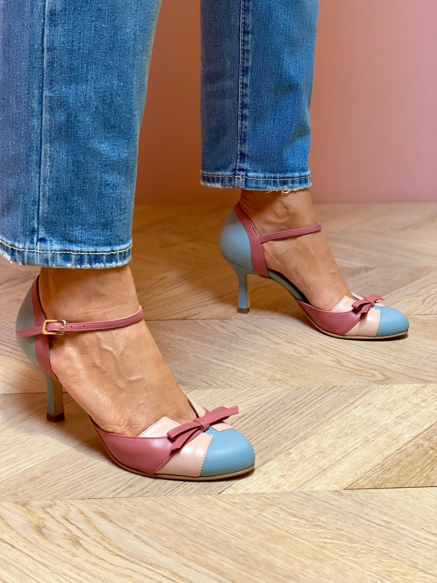 Women's Retro Colorblock Ankle Strap Heels | with Bow Detail