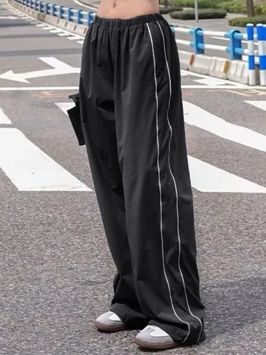 Black Wide Leg Sweatpants with Piping Detail