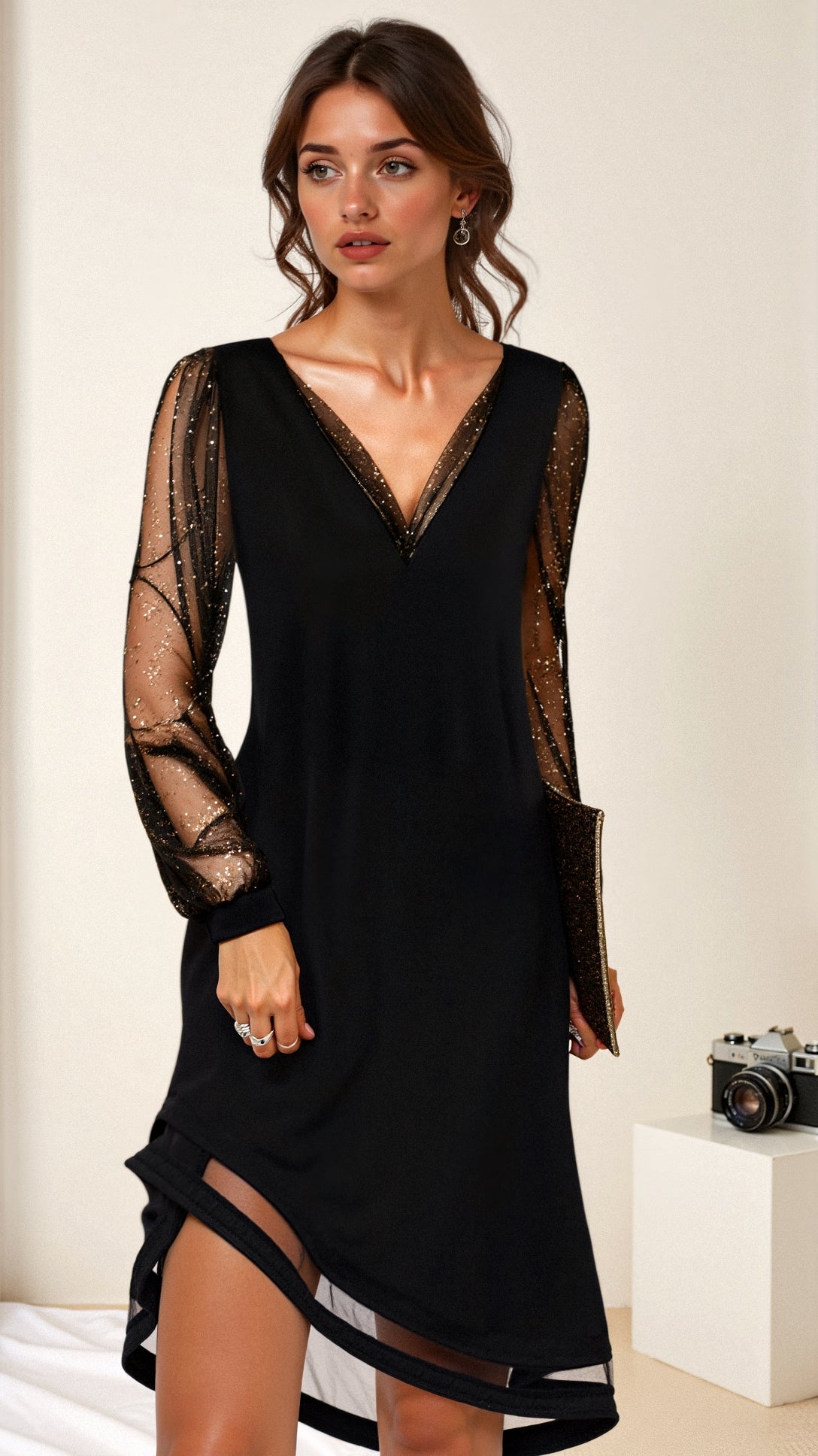 Women's Sparkling Mini Evening Dress | Long Sleeve
