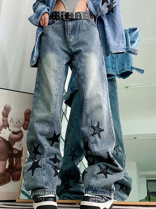 Vintage Blue Washed Effect Boyfriend Jeans with Star Print