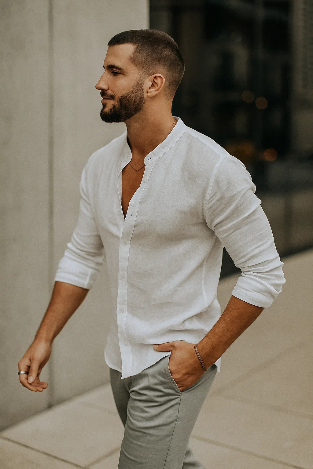 Men’s Casual Mandarin Collar Shirt | Long Sleeve