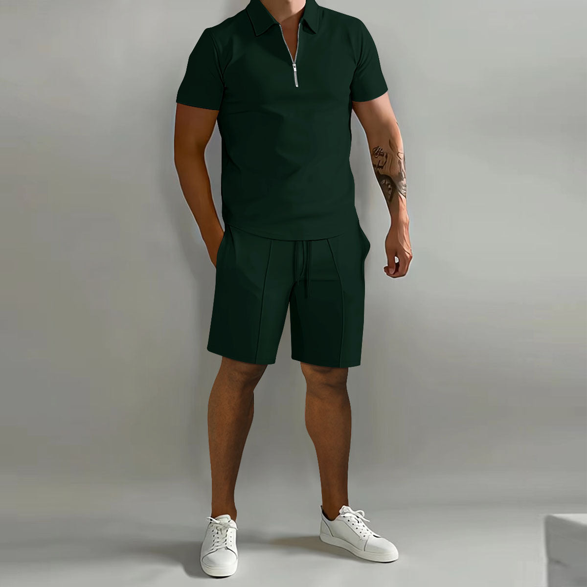 Men's Casual Co-ord Set | Quarter-Zip Polo and Drawstring Shorts