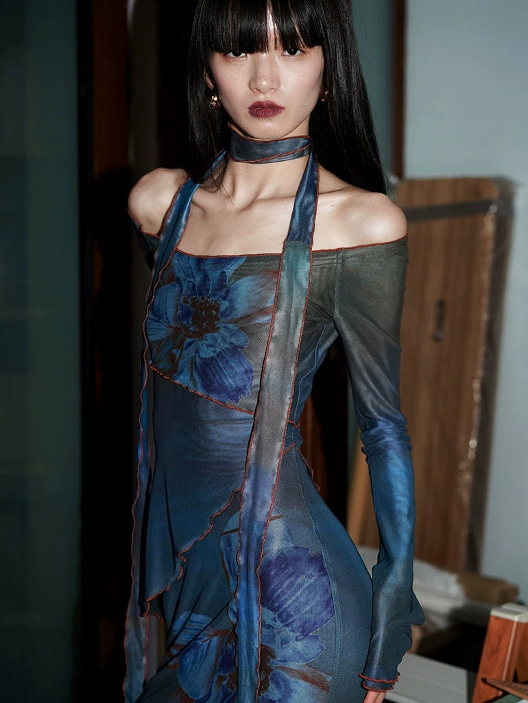 Vintage off shoulder bloemenprint mesh slim maxi jurk