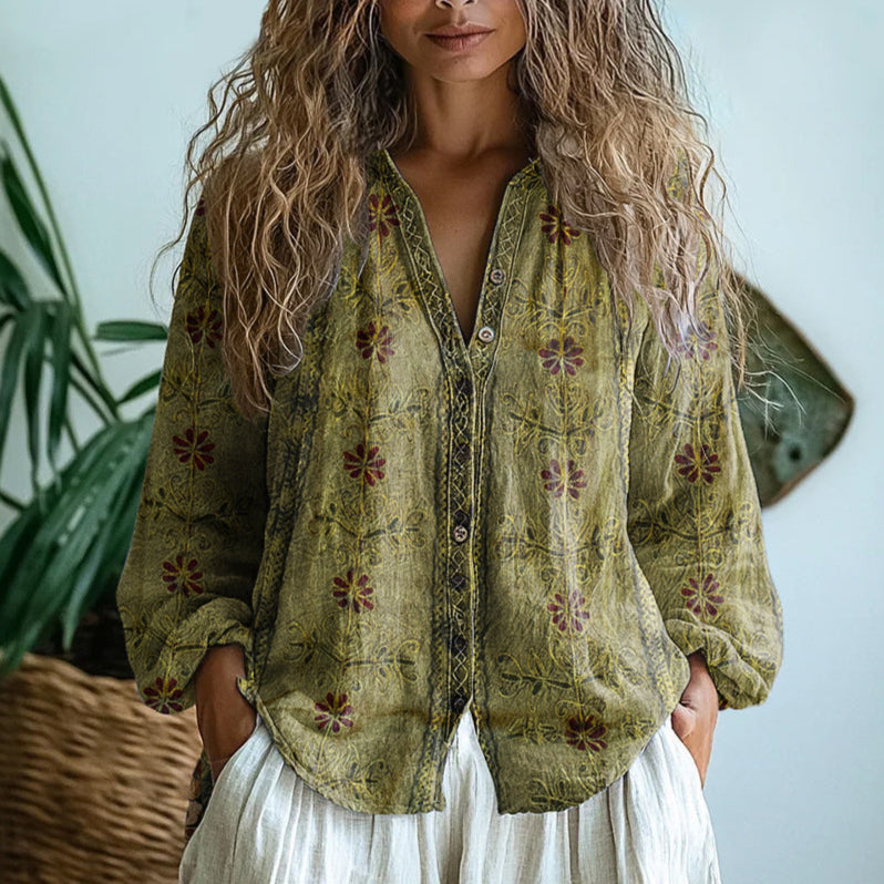 Women’s Boho V-Neck Printed Blouse | Long Sleeve