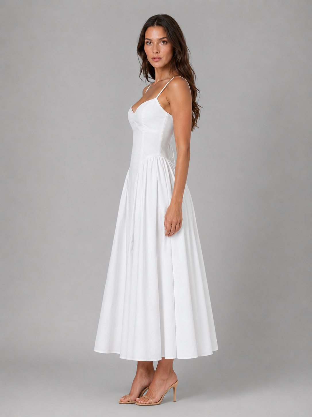 Women's White Corset-Style Midi Dress | with Spaghetti Straps