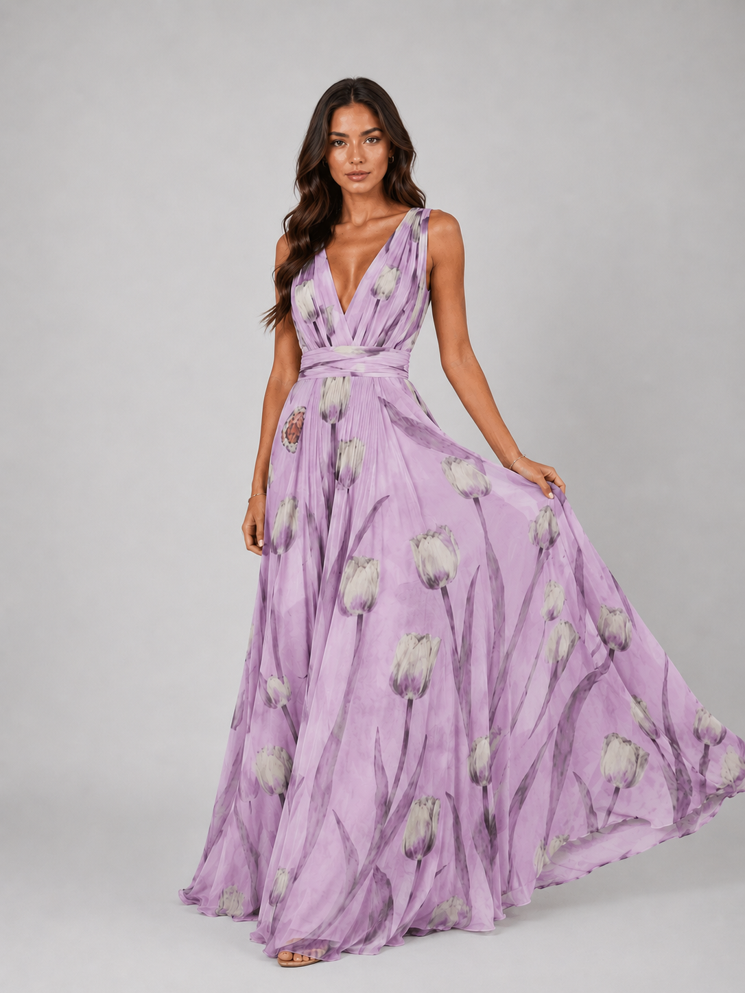 Women’s Floral Print V-Neck Maxi Dress | A-Line Dress for Wedding and Prom