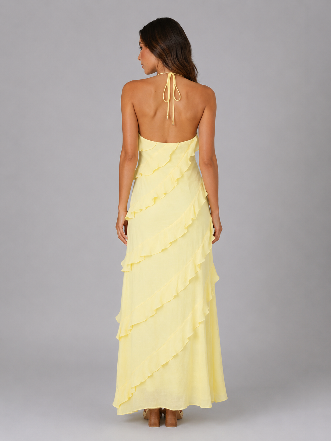 Women’s Yellow Halter Neck Ruffle Dress | Maxi