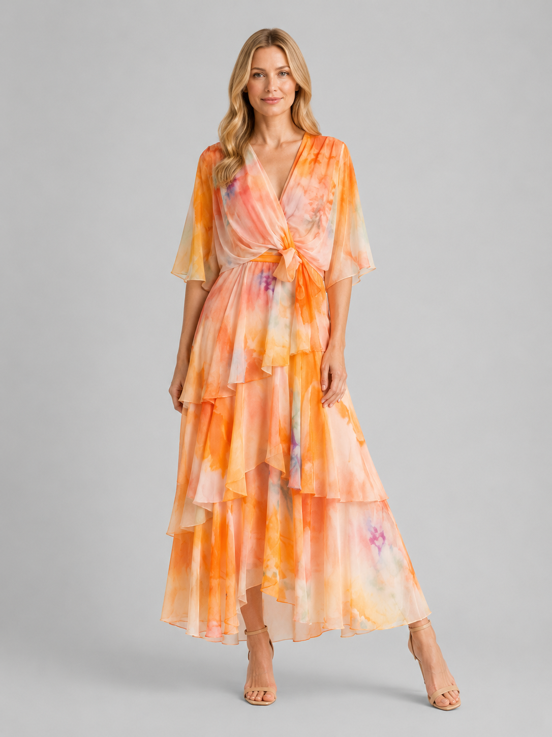 Women's Wrap Tiered Maxi Dress | with Flutter Sleeves and Tie Waist