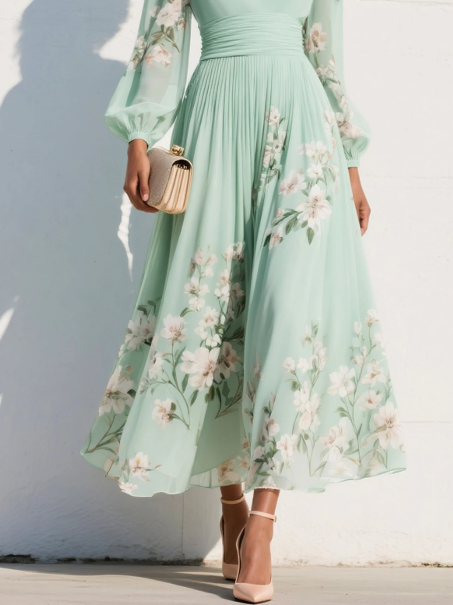 Women's Pleated Floral Wedding Guest Dress | V-Neck