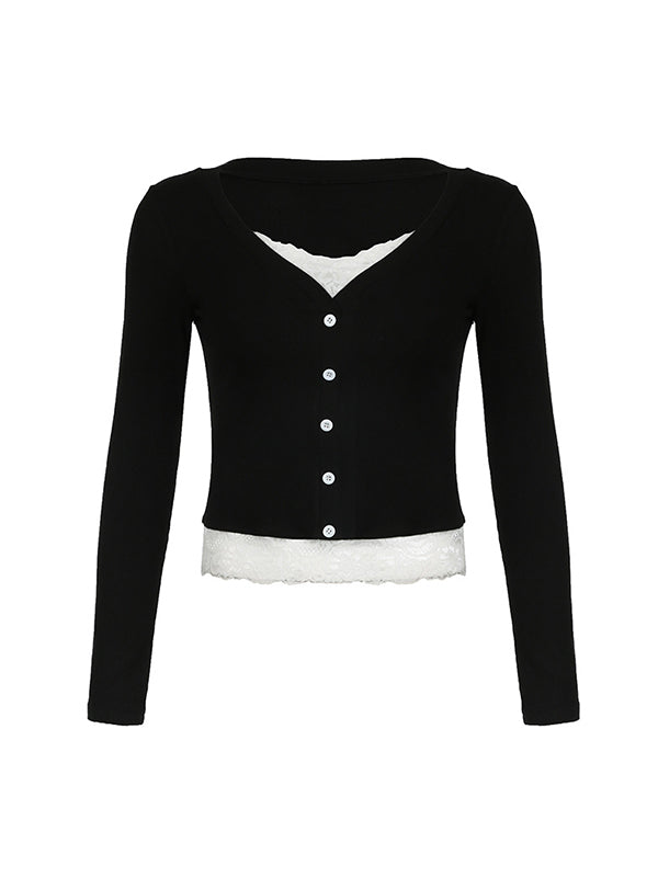 T-shirt à manches longues en patchwork de dentelle vintage noir deux pièces