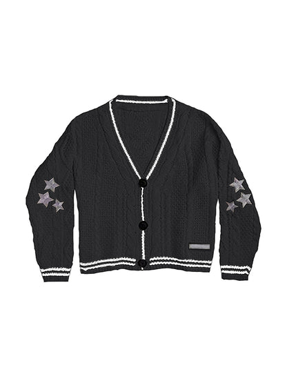 Vintage Oversized Cable Knit Cardigan with Star Embroider