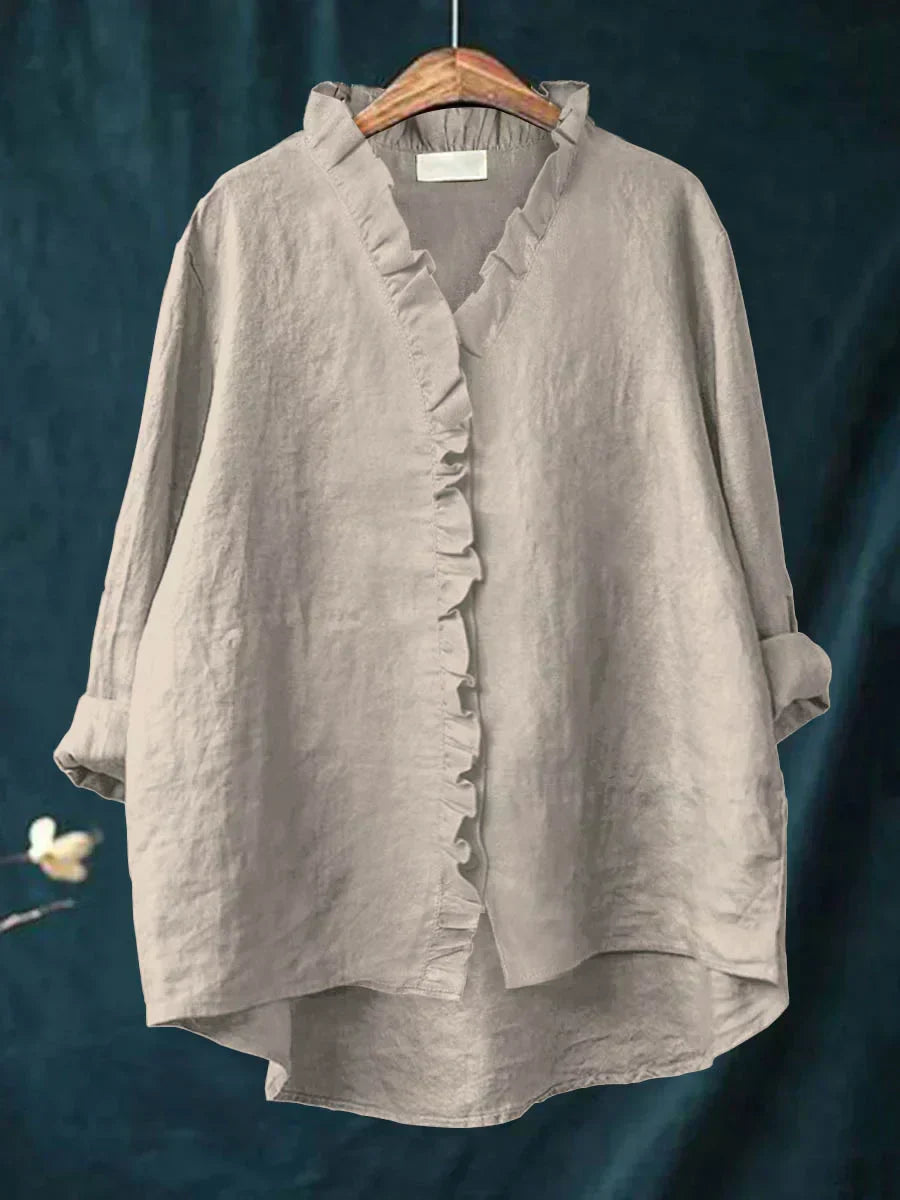 Women's Oversized Ruffle V-Neck Blouse | Long Sleeve