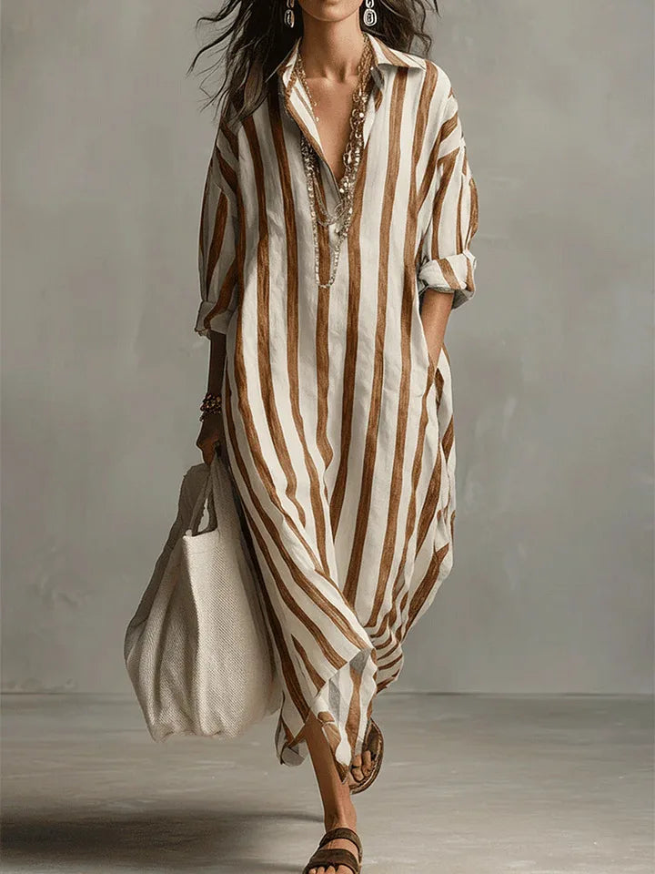 Women's Striped Maxi Shirt Dress | Long Sleeve