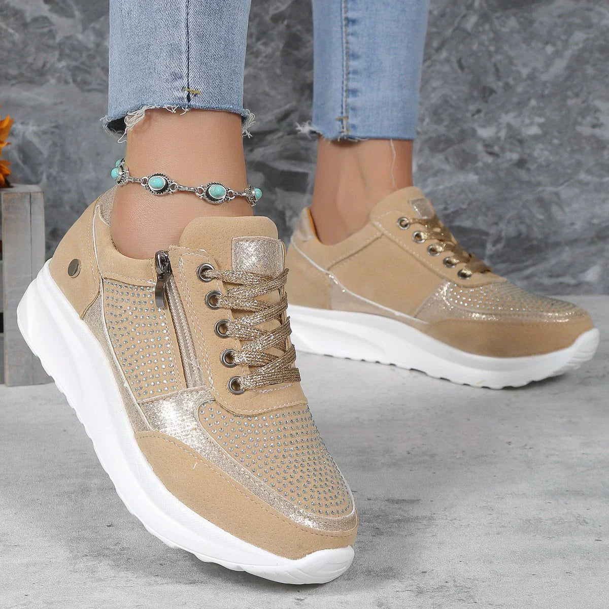 Women's Fashion Platform Sneakers | with Lacing and Zipper