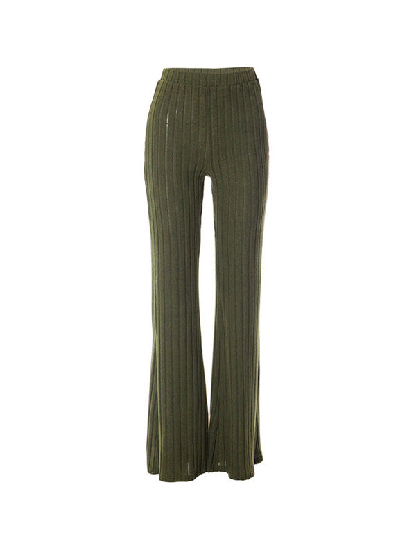 Solid Color Ribbed High Waist Flare Leg Pants