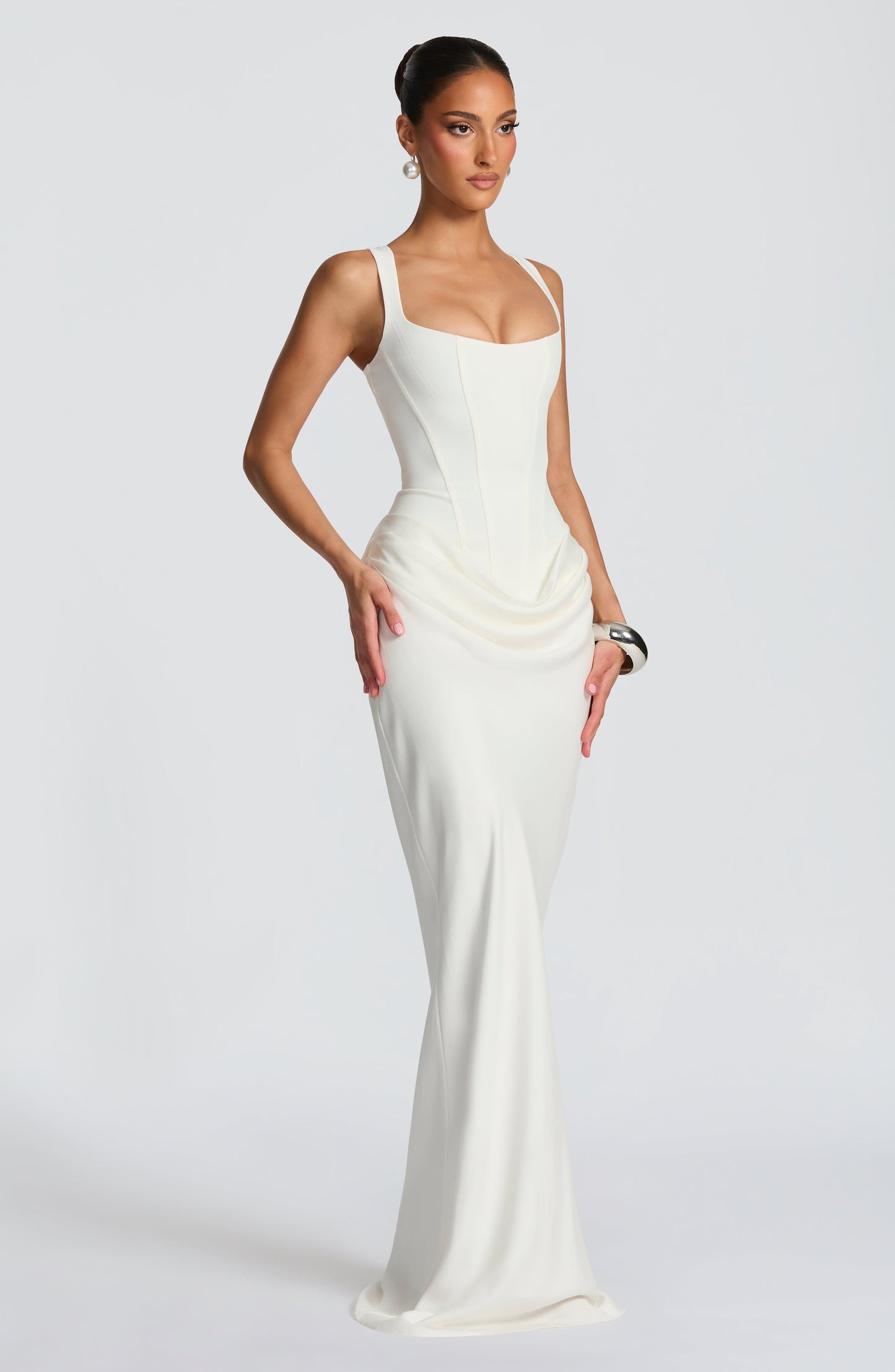 Women's White Corset Maxi Dress | with Square Neckline