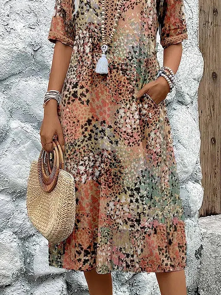 Women's Boho V-Neck Printed Midi Dress | with Pockets