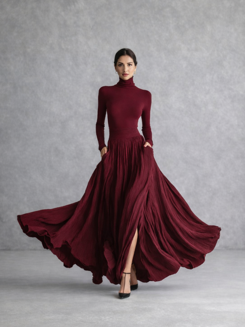 Women's Turtleneck Pleated Long Evening Dress | with Pockets