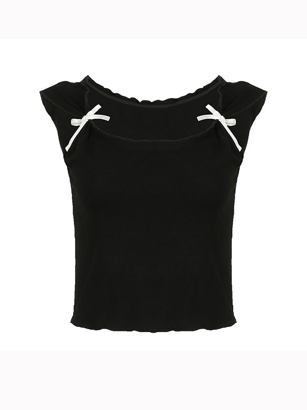 Sweet Bow Square Neck Short Sleeve Crop Tee