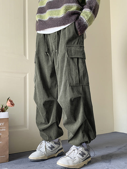 Green Vintage Men's Corduroy Big Pocket Bound Feet Drawstring Cargo Pants