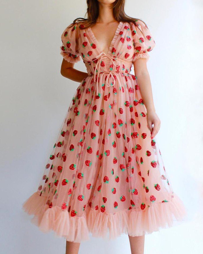mesh strawberry dress Summer, Pink Mesh, Strawberry Sequins, Flounce Lace, Short Sleeve V-neck Holiday Midi Dress
