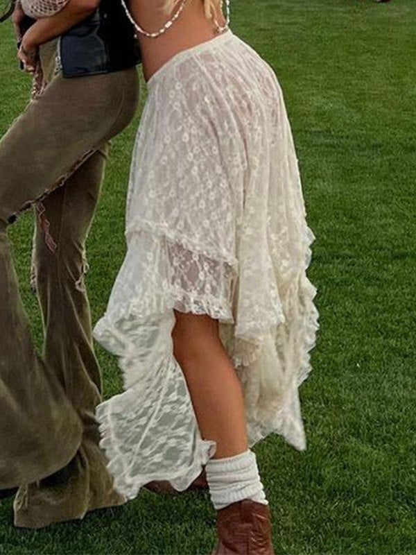 Jupe à volants en dentelle irrégulière Y2K abricot