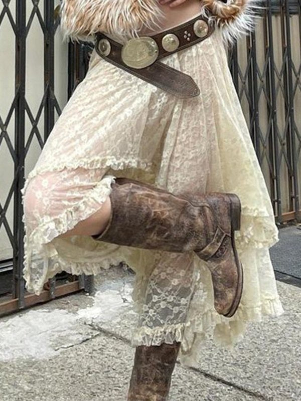 Jupe à volants en dentelle irrégulière Y2K abricot