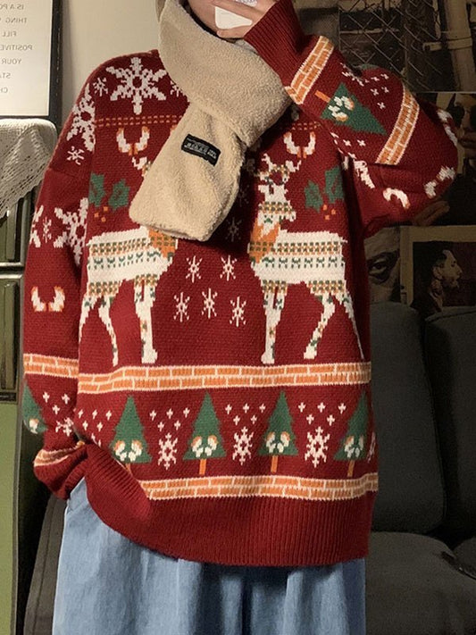 Vintage Crew Neck Sweater with Christmas Deer Print