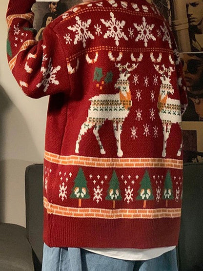 Vintage Crew Neck Sweater with Christmas Deer Print