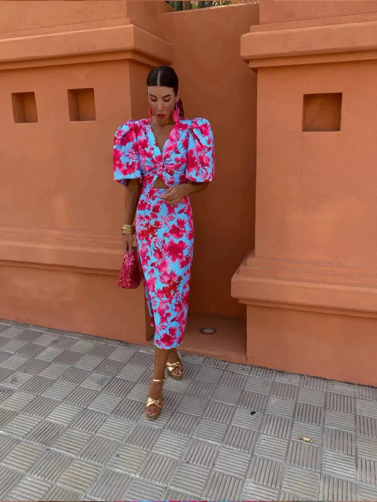 Party Puff Sleeve Printed Dress | V-Neck