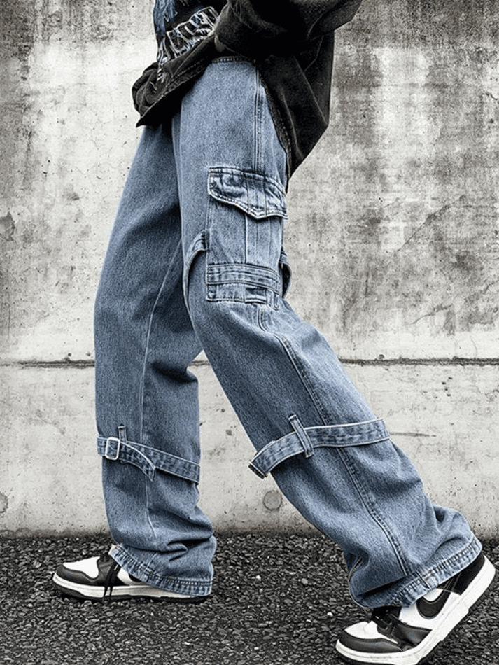 Jean cargo bleu pour homme avec détails à lanières Hip Pop