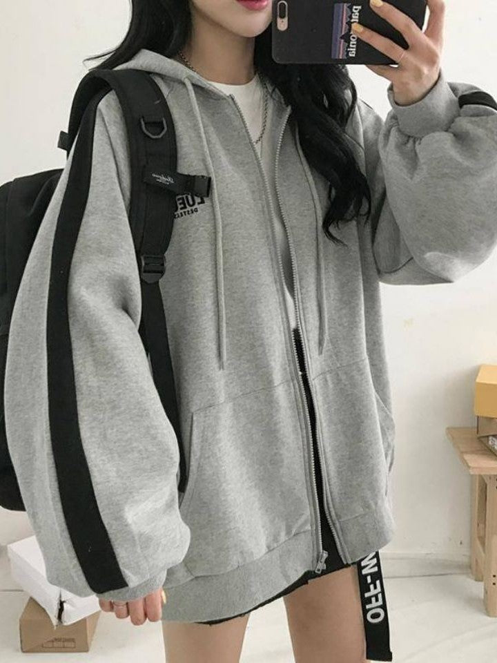 Grijze Retro Oversized Hoodie met Rits